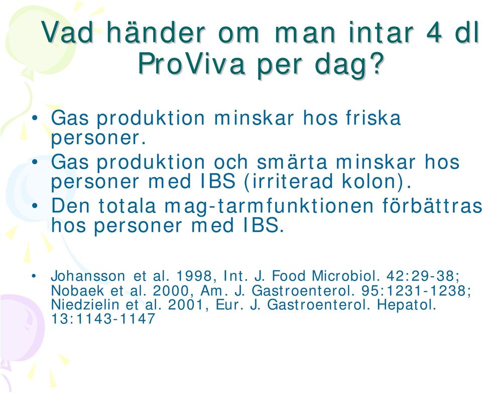 Den totala mag-tarmfunktionen förbättras hos personer med IBS. Johansson et al. 1998, Int. J. Food Microbiol.