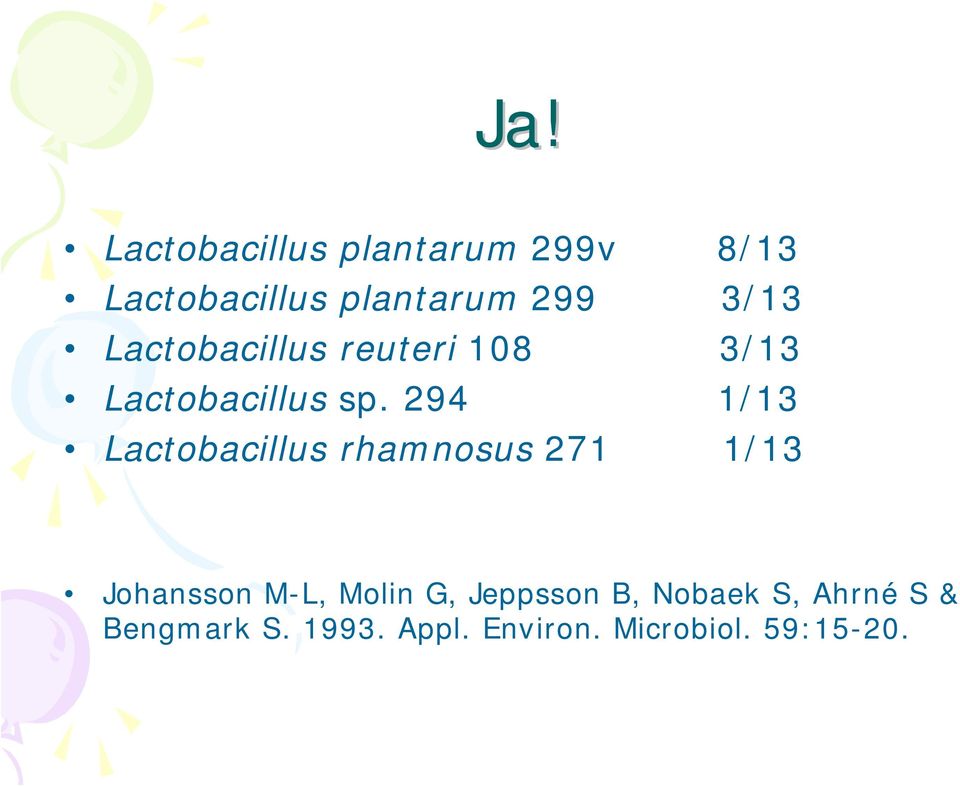 294 1/13 Lactobacillus rhamnosus 271 1/13 Johansson M-L, Molin G,
