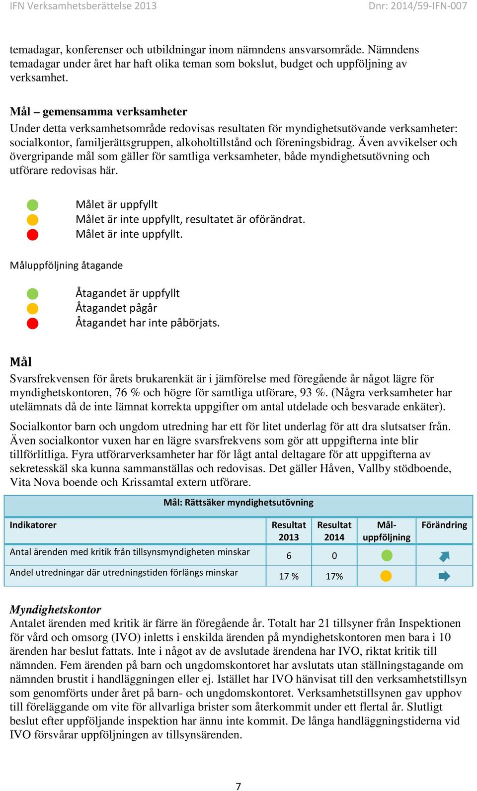 Även avvikelser och övergripande mål som gäller för samtliga verksamheter, både myndighetsutövning och utförare redovisas här. Målet är uppfyllt Målet är inte uppfyllt, resultatet är oförändrat.