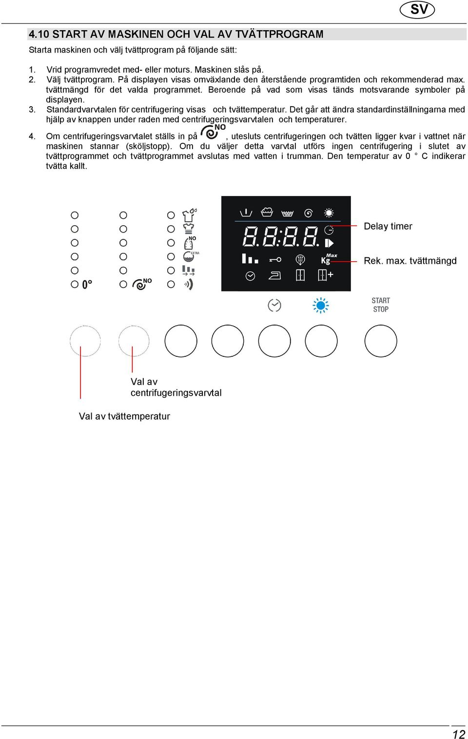 Standardvarvtalen för centrifugering visas och tvättemperatur. Det går att ändra standardinställningarna med hjälp av knappen under raden med centrifugeringsvarvtalen och temperaturer. 4.