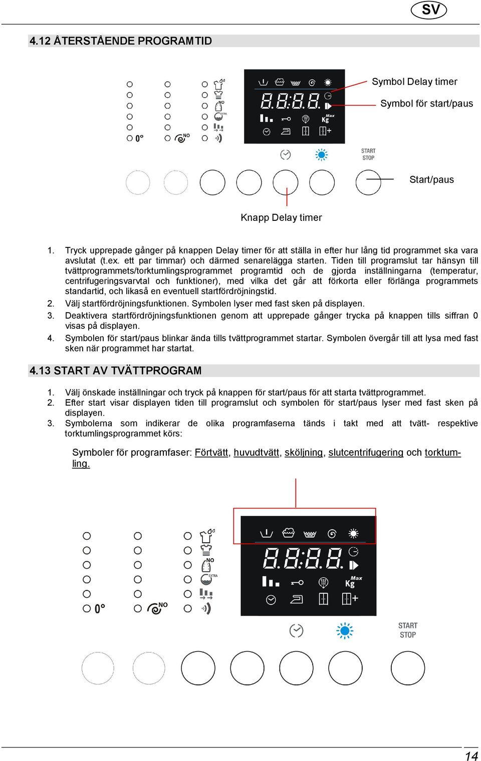 Tiden till programslut tar hänsyn till tvättprogrammets/torktumlingsprogrammet programtid och de gjorda inställningarna (temperatur, centrifugeringsvarvtal och funktioner), med vilka det går att