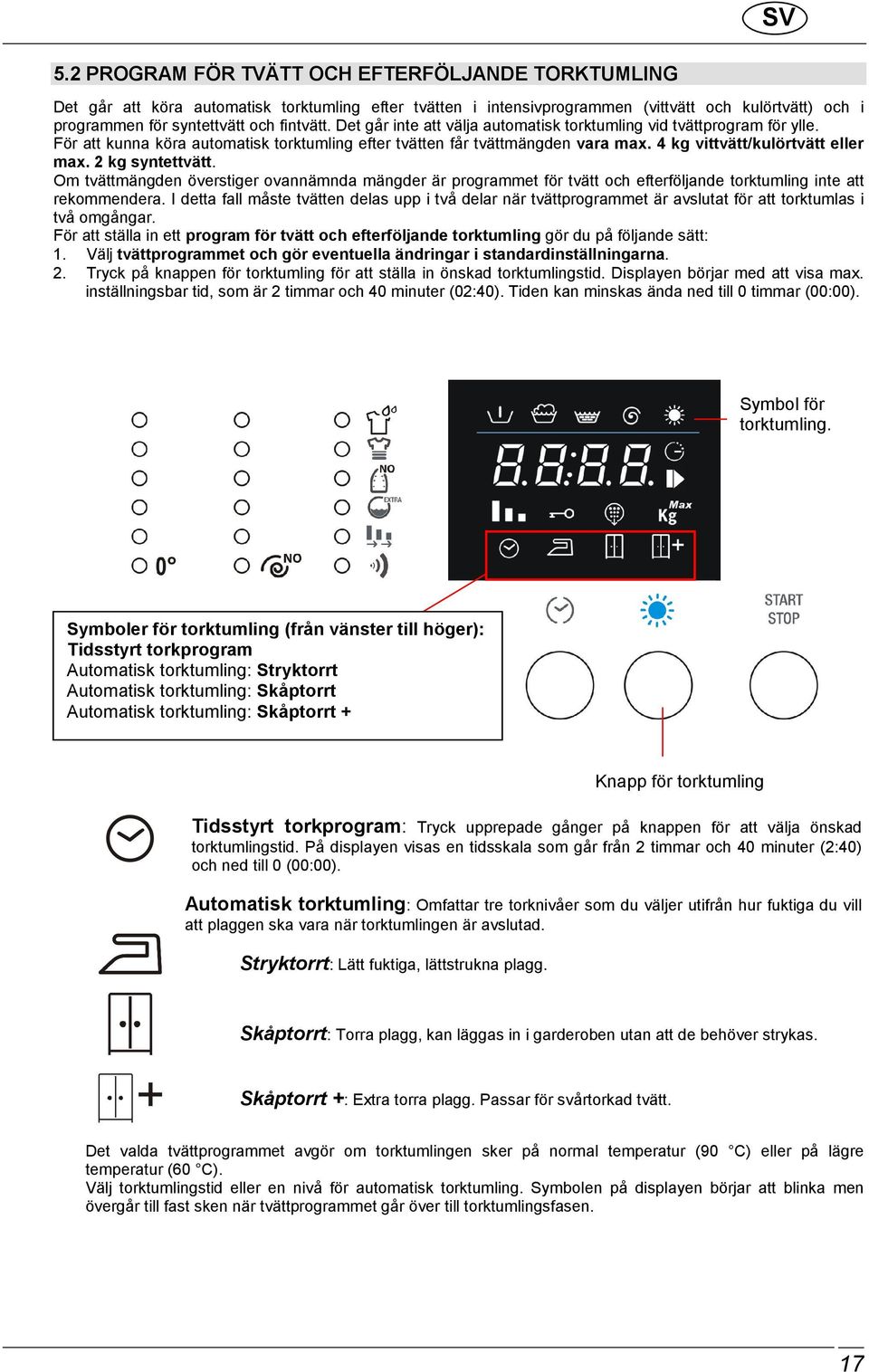 4 kg vittvätt/kulörtvätt eller max. 2 kg syntettvätt. Om tvättmängden överstiger ovannämnda mängder är programmet för tvätt och efterföljande torktumling inte att rekommendera.