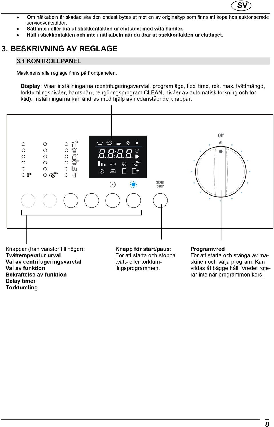 SV Display: Visar inställningarna (centrifugeringsvarvtal, programläge, flexi time, rek. max.