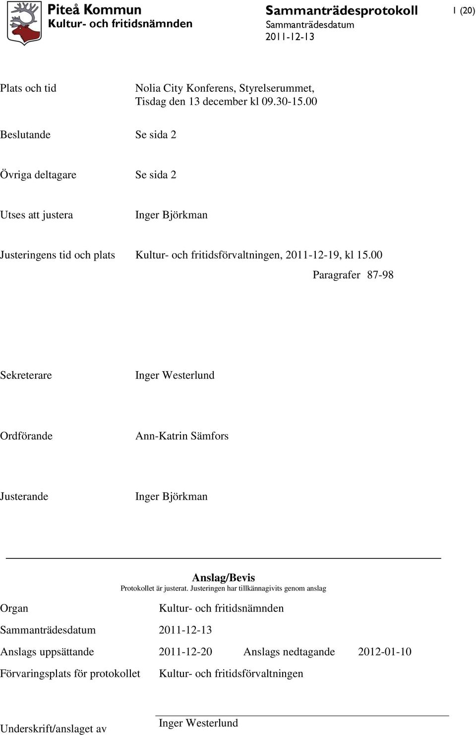 00 Paragrafer 87-98 Sekreterare Inger Westerlund Ordförande Ann-Katrin Sämfors Justerande Inger Björkman Anslag/Bevis Protokollet är justerat.