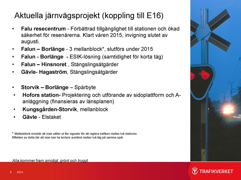 Stängslingsåtgärder Storvik Borlänge Spårbyte Hofors station- Projektering och utförande av sidoplattform och A- anläggning (finansieras av länsplanen) Kungsgården-Storvik, mellanblock