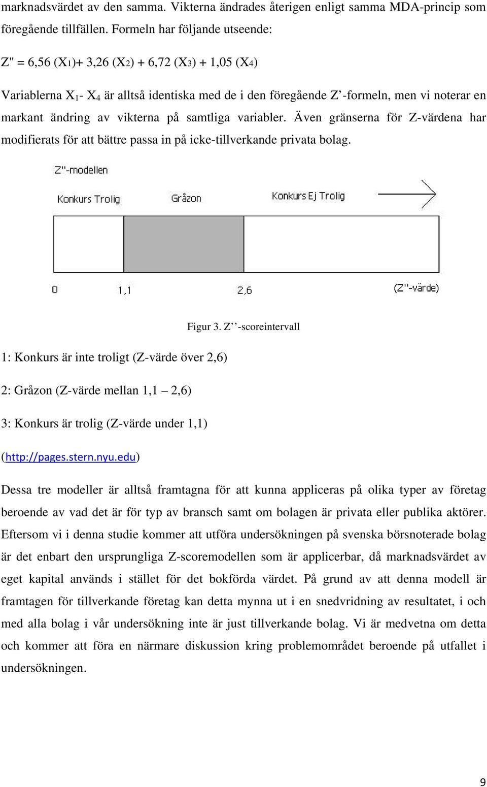 vikterna på samtliga variabler. Även gränserna för Z-värdena har modifierats för att bättre passa in på icke-tillverkande privata bolag. Figur 3.