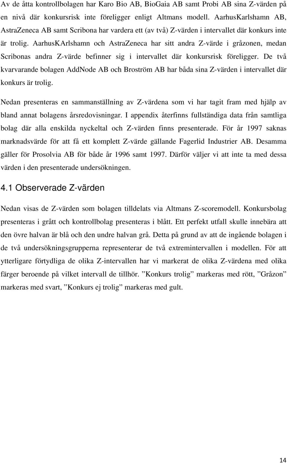 AarhusKArlshamn och AstraZeneca har sitt andra Z-värde i gråzonen, medan Scribonas andra Z-värde befinner sig i intervallet där konkursrisk föreligger.