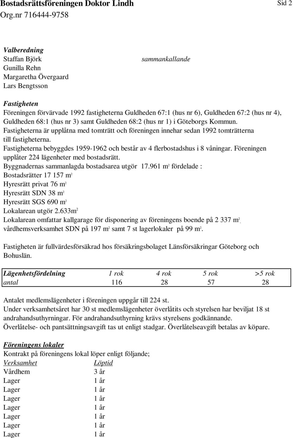 Fastigheterna bebyggdes 1959-1962 och består av 4 flerbostadshus i 8 våningar. Föreningen upplåter 224 lägenheter med bostadsrätt. Byggnadernas sammanlagda bostadsarea utgör 17.