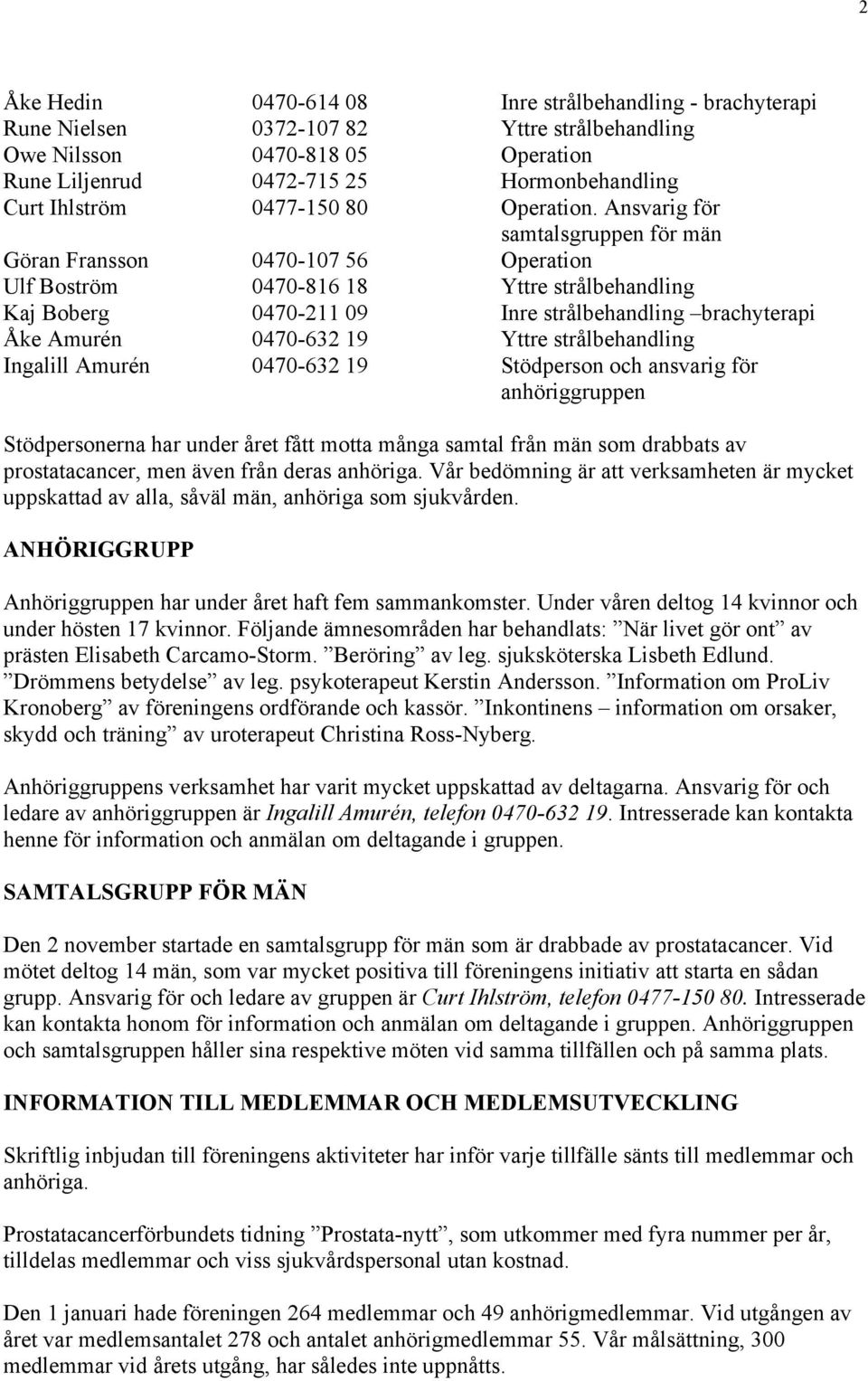 Ansvarig för samtalsgruppen för män Göran Fransson 0470-107 56 Operation Ulf Boström 0470-816 18 Yttre strålbehandling Kaj Boberg 0470-211 09 Inre strålbehandling brachyterapi Åke Amurén 0470-632 19