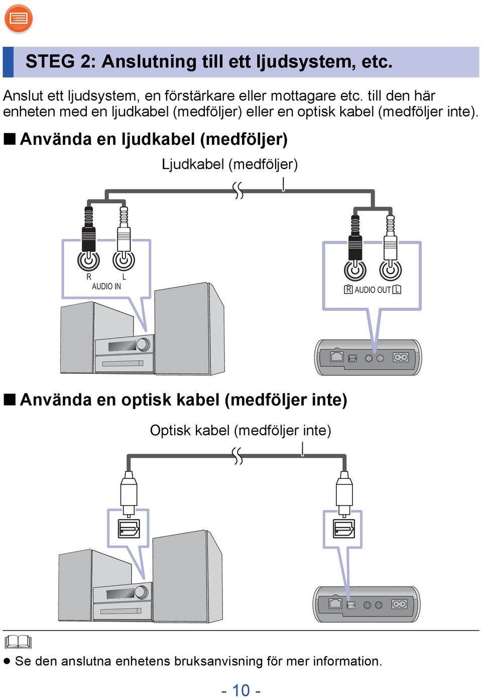 Använda en ljudkabel (medföljer) Ljudkabel (medföljer) R L AUDIO IN RRAUDIO OUT L L AUDIO OUT Använda en