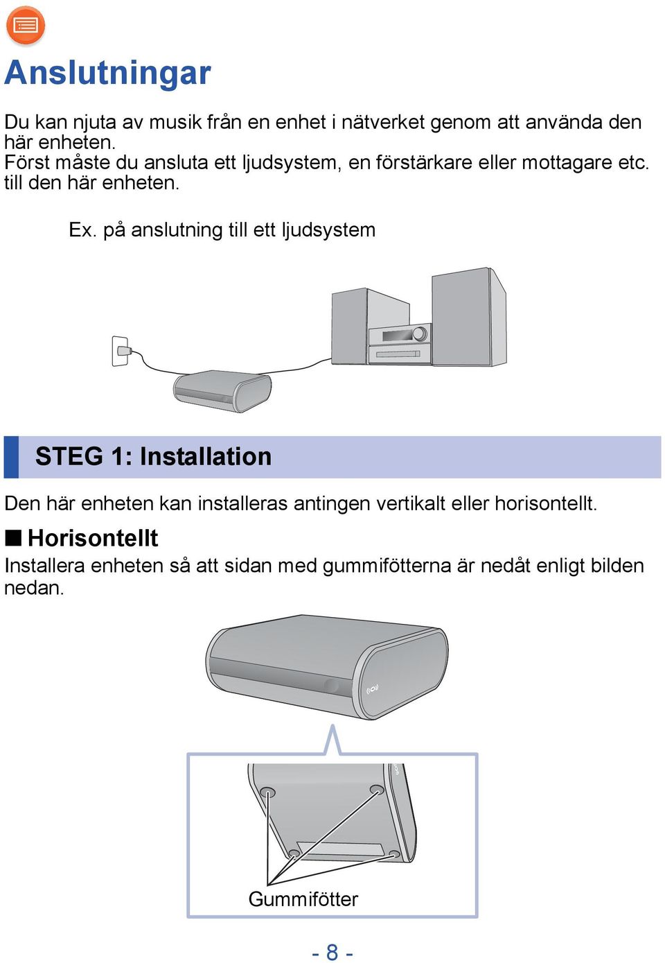 på anslutning till ett ljudsystem STEG 1: Installation Den här enheten kan installeras antingen vertikalt