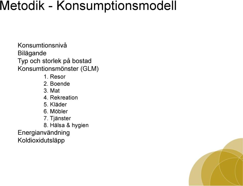 Resor 2. Boende 3. Mat 4. Rekreation 5. Kläder 6.