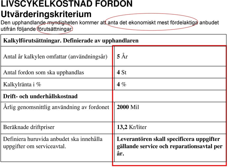 Definierade av upphandlaren Antal år kalkylen omfattar (användningsår) Antal fordon som ska upphandlas 5 År 4 St Kalkylränta i % 4 % Drift- och