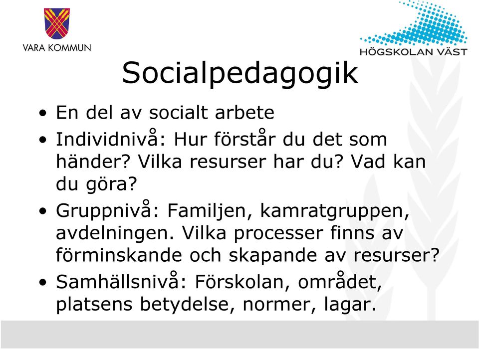 Gruppnivå: Familjen, kamratgruppen, avdelningen.