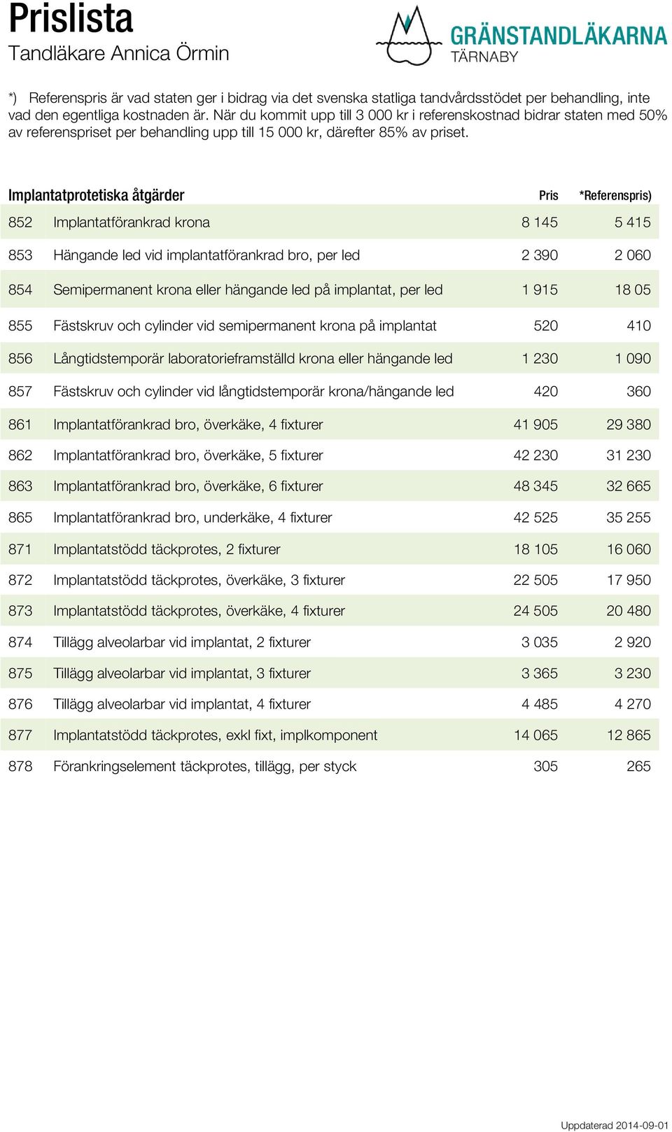 och cylinder vid långtidstemporär krona/hängande led 420 360 861 Implantatförankrad bro, överkäke, 4 fixturer 41 905 29 380 862 Implantatförankrad bro, överkäke, 5 fixturer 42 230 31 230 863