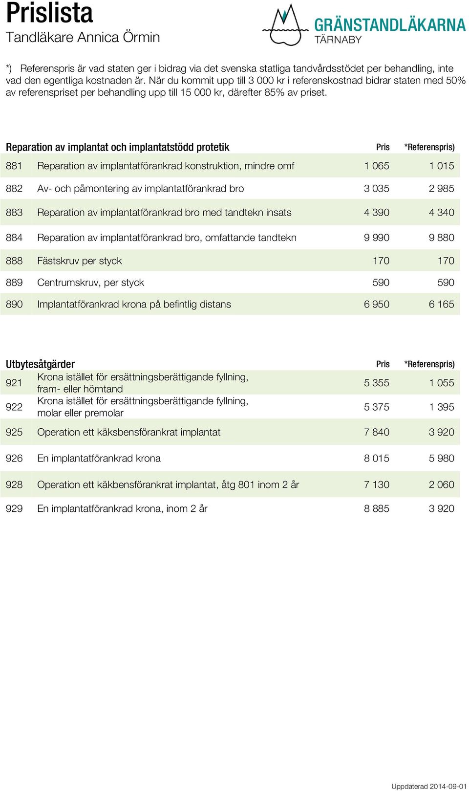 Centrumskruv, per styck 590 590 890 Implantatförankrad krona på befintlig distans 6 950 6 165 Utbytesåtgärder Pris *Referenspris) 921 Krona istället för ersättningsberättigande fyllning, fram- eller