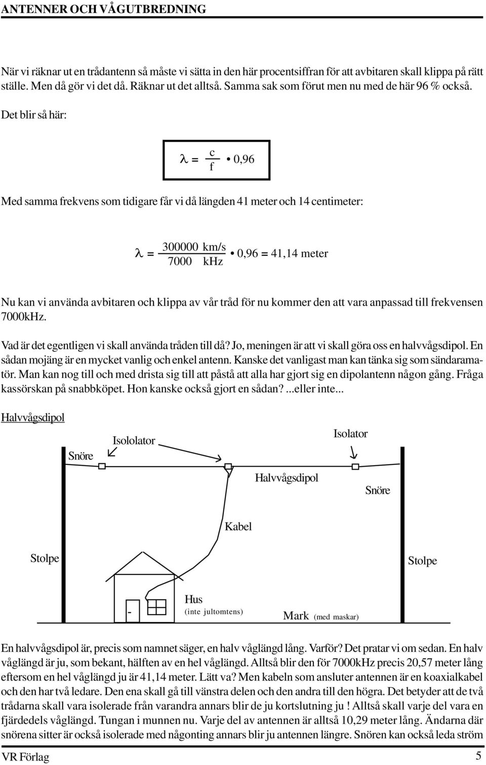Det blir så här: c λ = 0,96 f Med samma frekvens som tidigare får vi då längden 41 meter och 14 centimeter: λ = 300000 km/s 7000 khz 0,96 = 41,14 meter Nu kan vi använda avbitaren och klippa av vår
