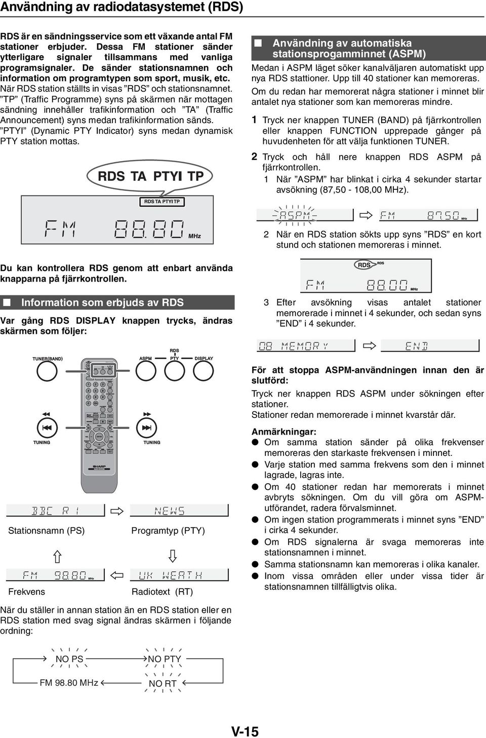 TP (Traffic Programme) syns på skärmen när mottagen sändning innehåller trafikinformation och TA (Traffic Announcement) syns medan trafikinformation sänds.