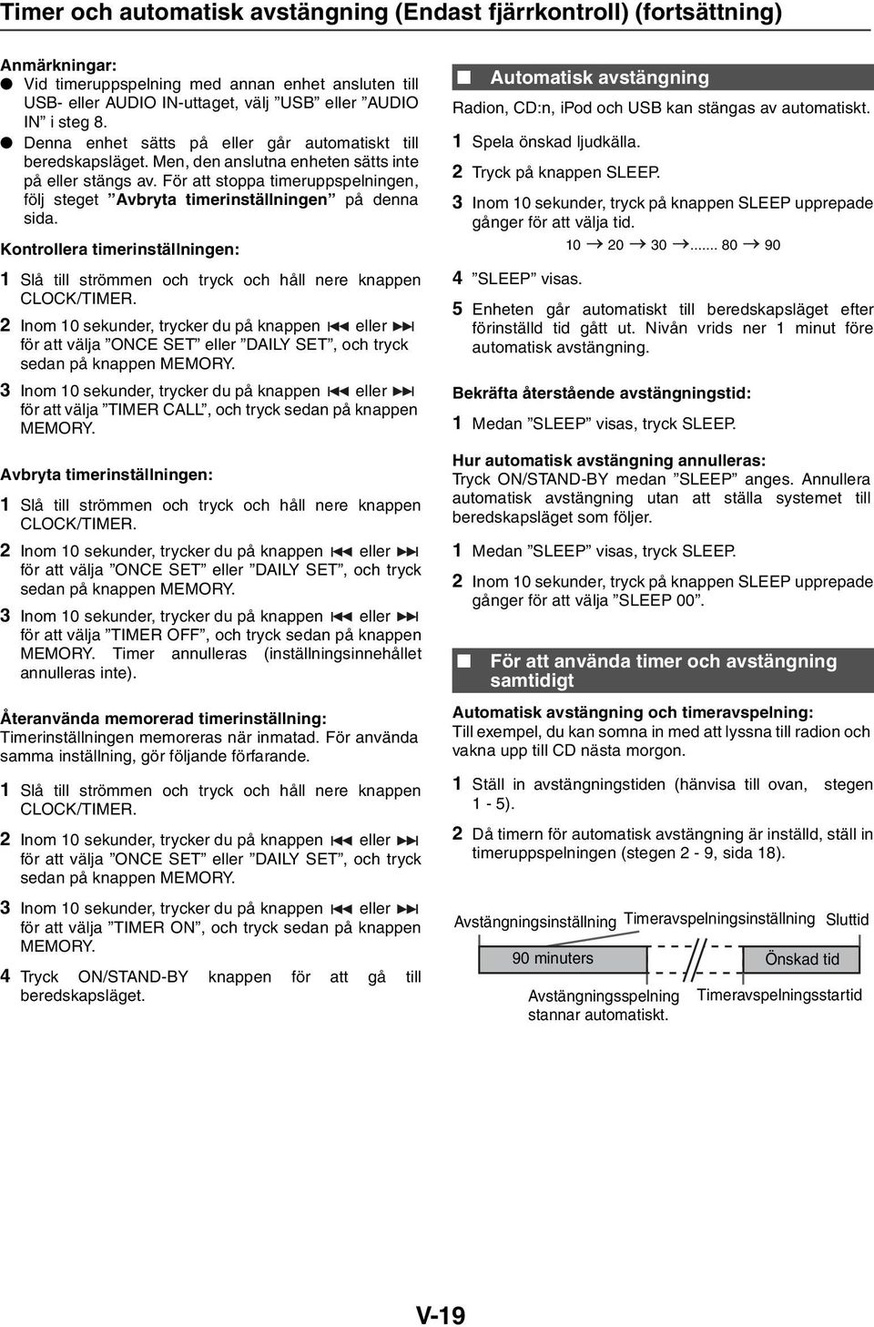 För att stoppa timeruppspelningen, följ steget Avbryta timerinställningen på denna sida. Kontrollera timerinställningen: 1 Slå till strömmen och tryck och håll nere knappen CLOCK/TIMER.