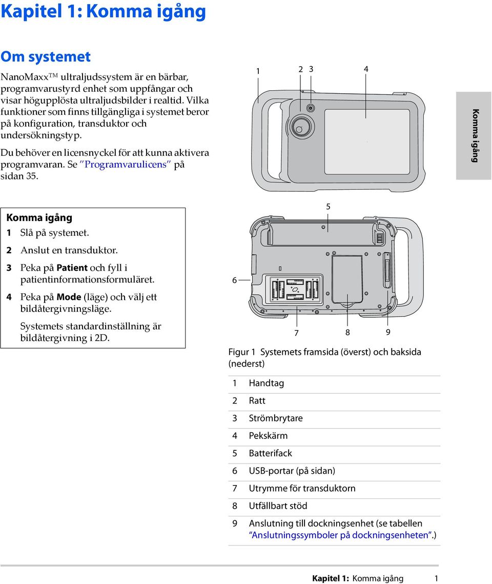 Se Programvarulicens på sidan 35. 1 2 3 4 Komma igång Komma igång 1 Slå på systemet. 2 Anslut en transduktor. 3 Peka på Patient och fyll i patientinformationsformuläret.