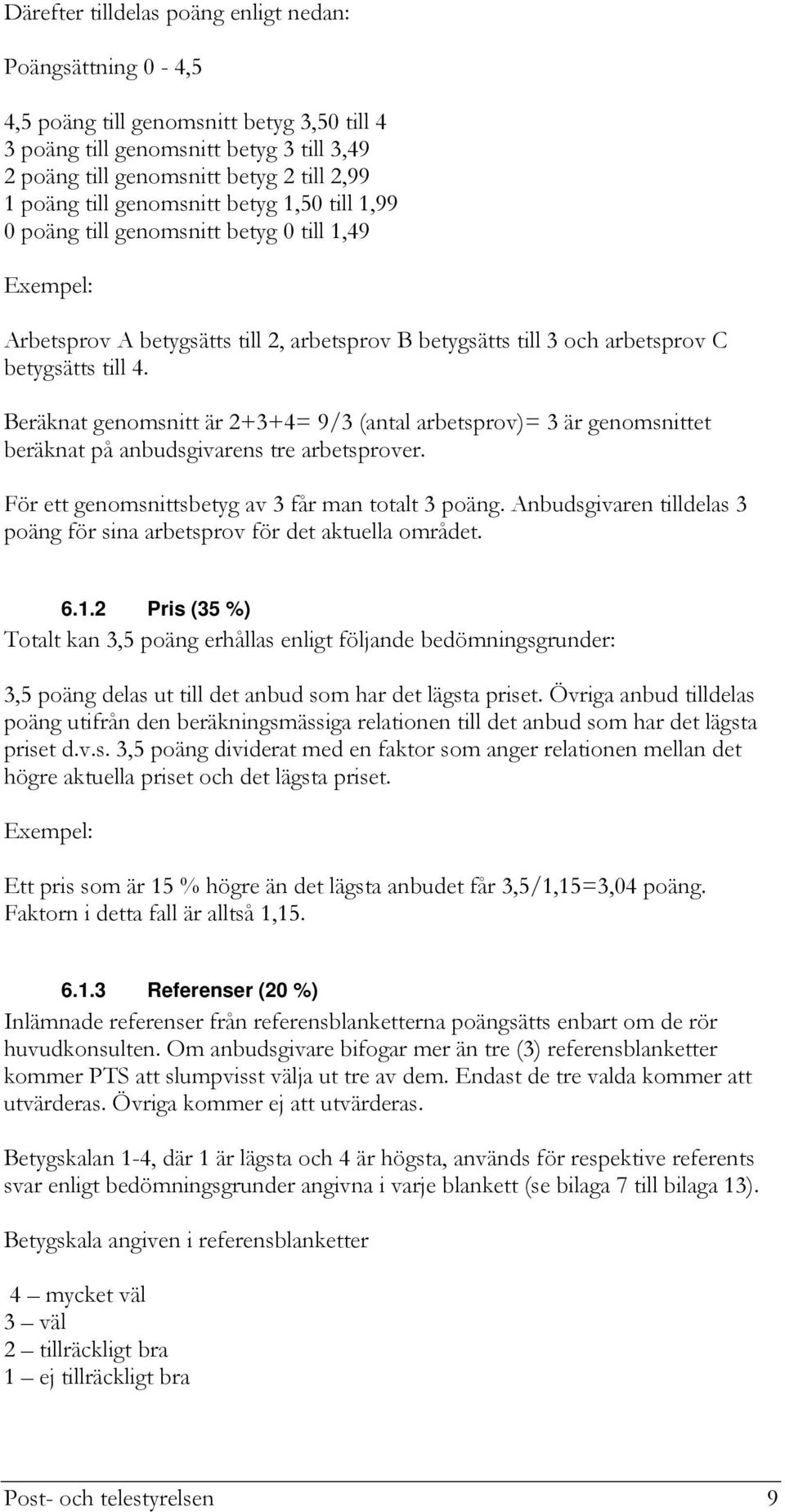 Beräknat genomsnitt är +3+4= 9/3 (antal arbetsprov)= 3 är genomsnittet beräknat på anbudsgivarens tre arbetsprover. För ett genomsnittsbetyg av 3 får man totalt 3 poäng.