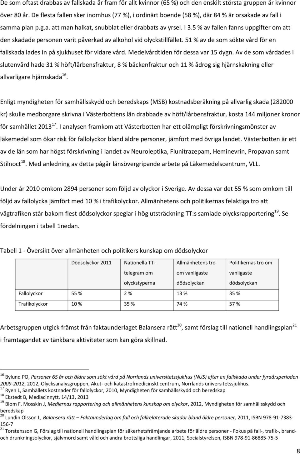 5 % av fallen fanns uppgifter om att den skadade personen varit påverkad av alkohol vid olyckstillfället. 51 % av de som sökte vård för en fallskada lades in på sjukhuset för vidare vård.