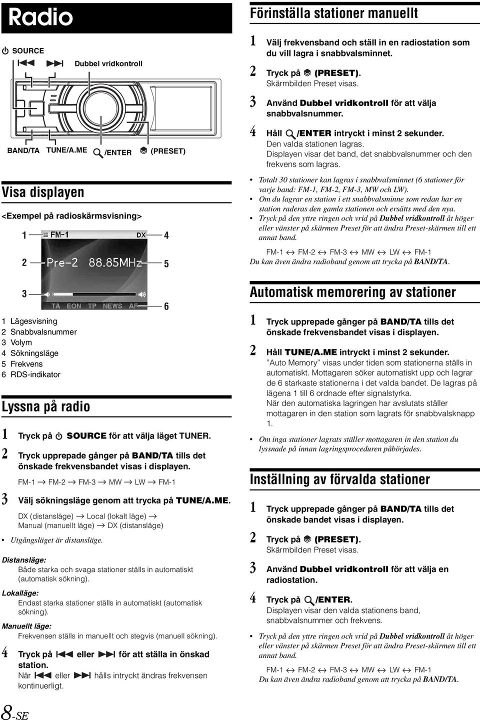 välja läget TUNER. 2 Tryck upprepade gånger på BAND/TA tills det önskade frekvensbandet visas i displayen. FM-1 FM-2 FM-3 MW LW FM-1 3 Välj sökningsläge genom att trycka på TUNE/A.ME.