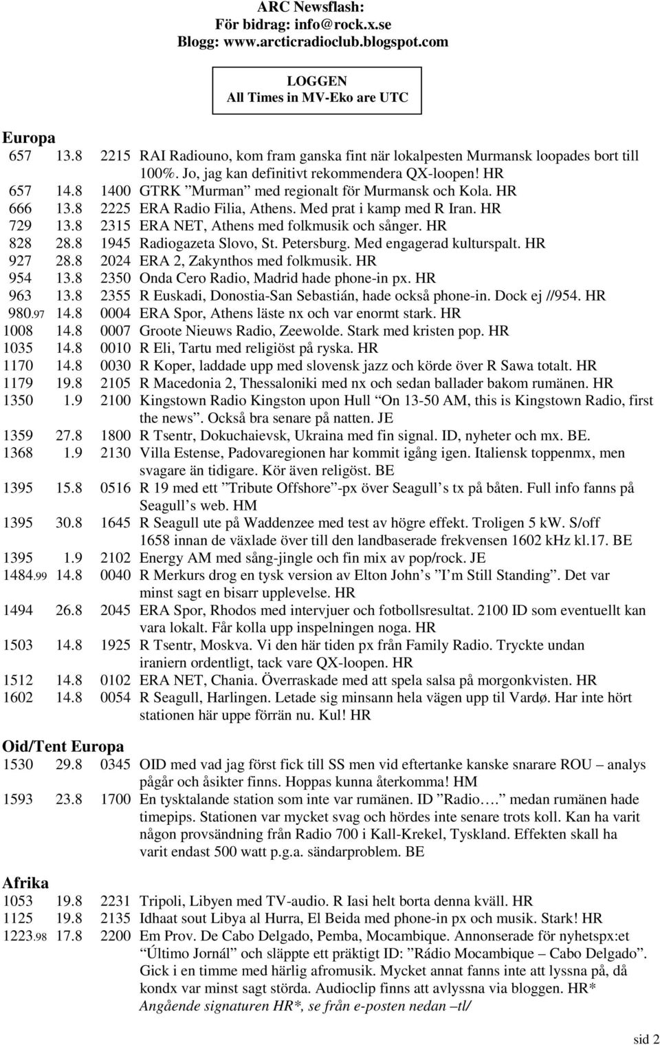 8 1400 GTRK Murman med regionalt för Murmansk och Kola. HR 666 13.8 2225 ERA Radio Filia, Athens. Med prat i kamp med R Iran. HR 729 13.8 2315 ERA NET, Athens med folkmusik och sånger. HR 828 28.