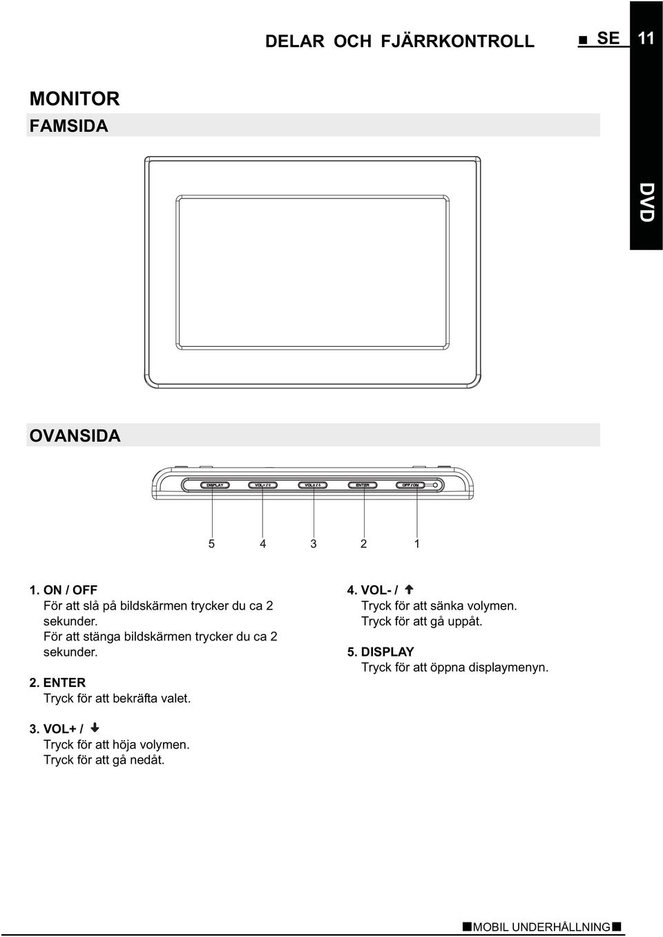 För att stänga bildskärmen trycker du ca 2 sekunder. 2. ENTER Tryck för att bekräfta valet. 4.