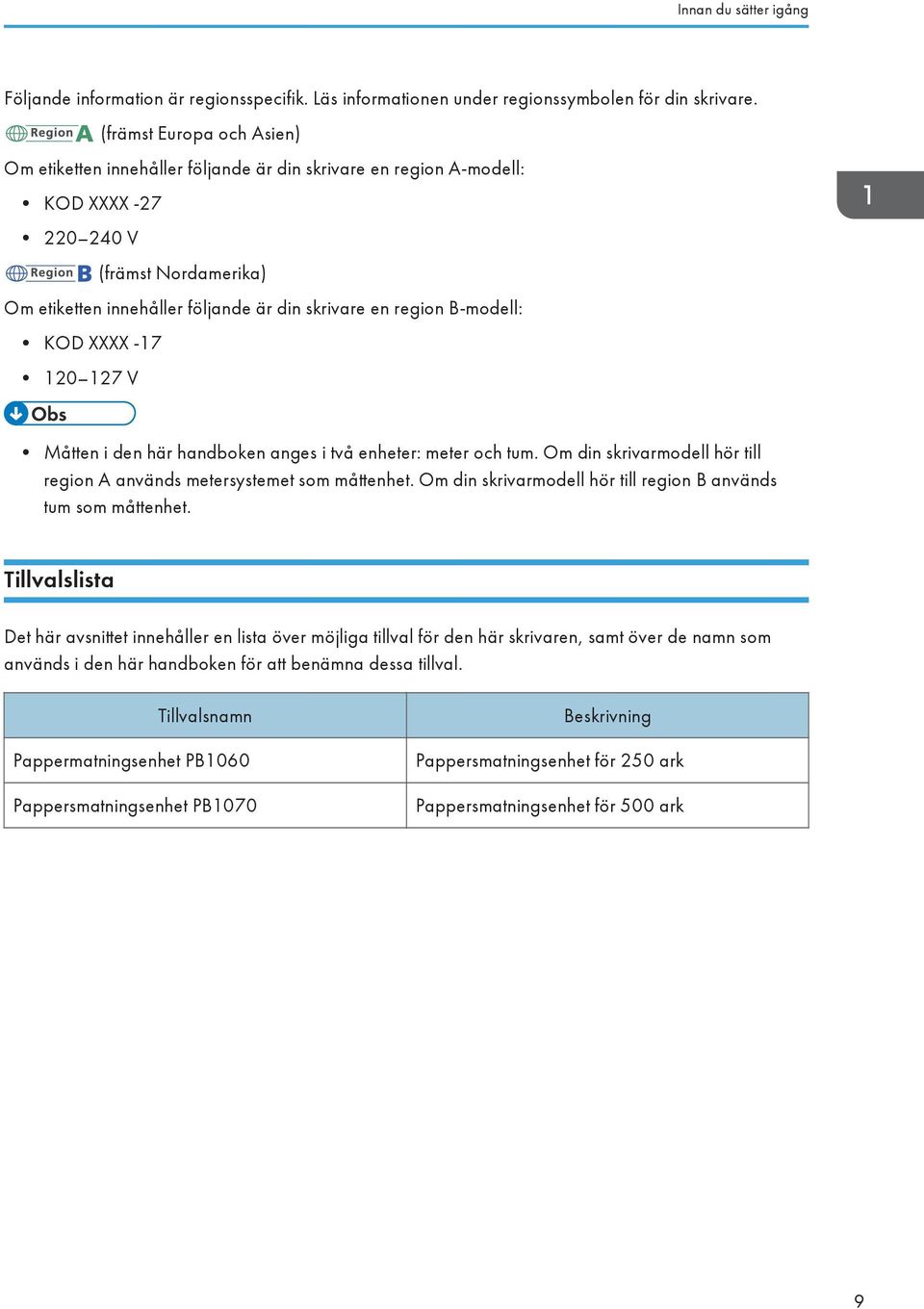 B-modell: KOD XXXX -17 120 127 V Måtten i den här handboken anges i två enheter: meter och tum. Om din skrivarmodell hör till region A används metersystemet som måttenhet.