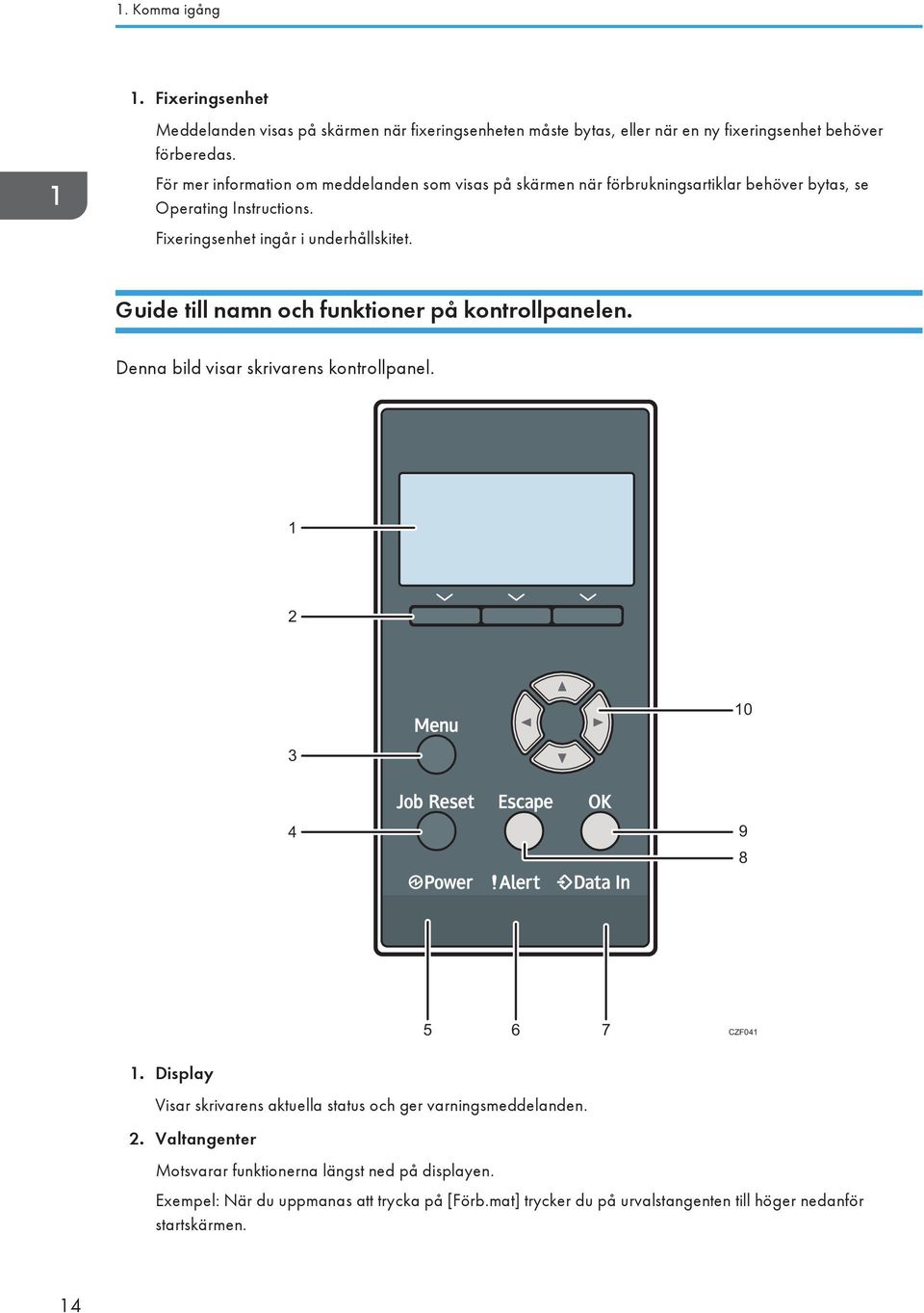 Guide till namn och funktioner på kontrollpanelen. Denna bild visar skrivarens kontrollpanel. 1 2 10 3 4 9 8 5 6 7 CZF041 1.