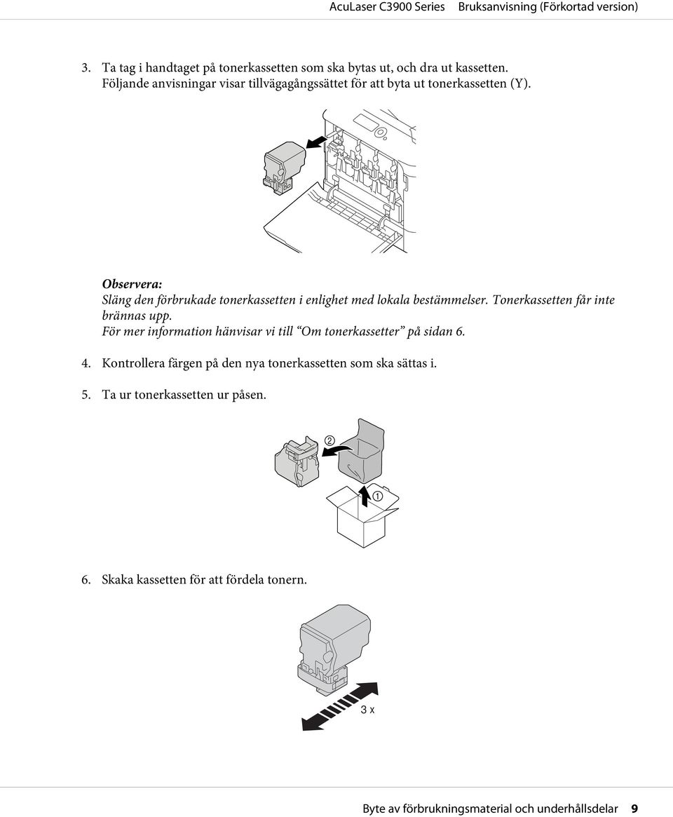 Släng den förbrukade tonerkassetten i enlighet med lokala bestämmelser. Tonerkassetten får inte brännas upp.