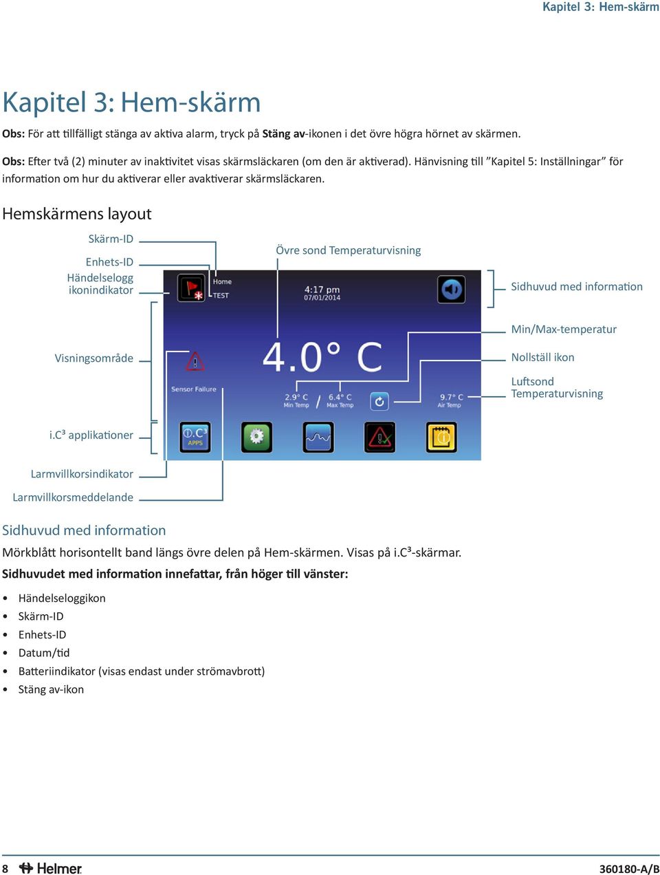 Hemskärmens layout Skärm-ID Enhets-ID Händelselogg ikonindikator Övre sond Temperaturvisning Sidhuvud med information Visningsområde Min/Max-temperatur Nollställ ikon Luftsond Temperaturvisning i.