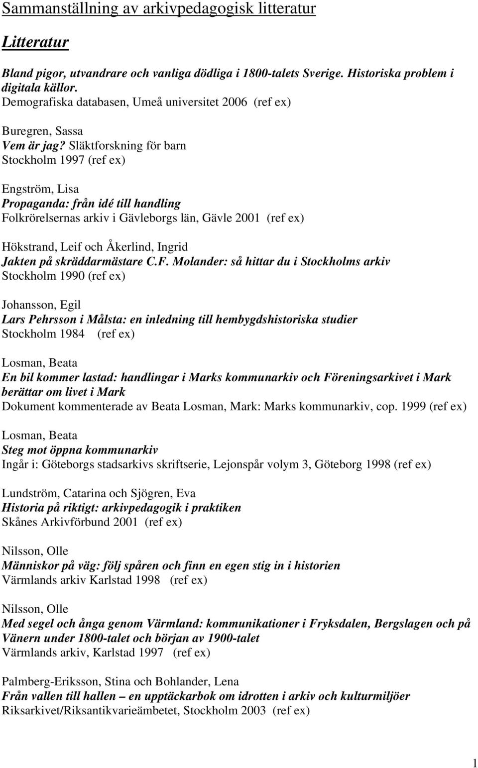 Släktforskning för barn Stockholm 1997 (ref ex) Engström, Lisa Propaganda: från idé till handling Folkrörelsernas arkiv i Gävleborgs län, Gävle 2001 (ref ex) Hökstrand, Leif och Åkerlind, Ingrid