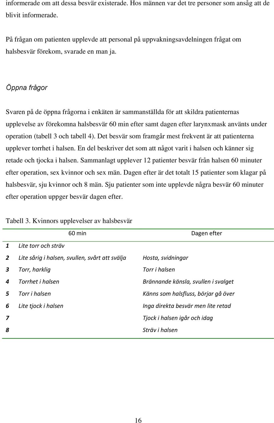 Öppna frågor Svaren på de öppna frågorna i enkäten är sammanställda för att skildra patienternas upplevelse av förekomna halsbesvär 60 min efter samt dagen efter larynxmask använts under operation