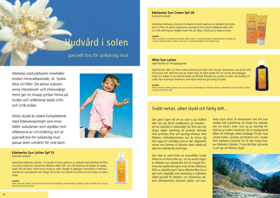 Hudvård i solen Vatten, sesamolja, morotsextrakt, titandioxid, alkohol, glycerin, sheasmör, lysolecitin, tapiokastärkelse Jojobaolja, del av lerjord, edelweissextrakt, xanthan, stearinsyra, zinkoxid,