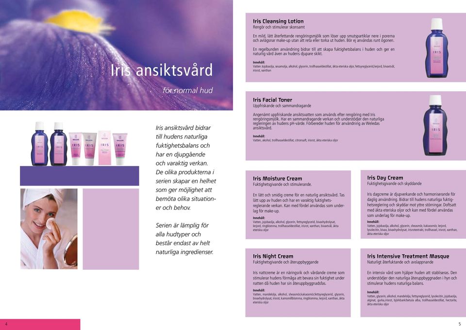 Vatten Jojobaolja, sesamolja, alkohol, glycerin, trollhasseldestillat, äkta eteriska oljor, fettsyreglycerid,lerjord, bivaxtvål, irisrot, xanthan för normal hud Iris Facial Toner Uppfriskande och