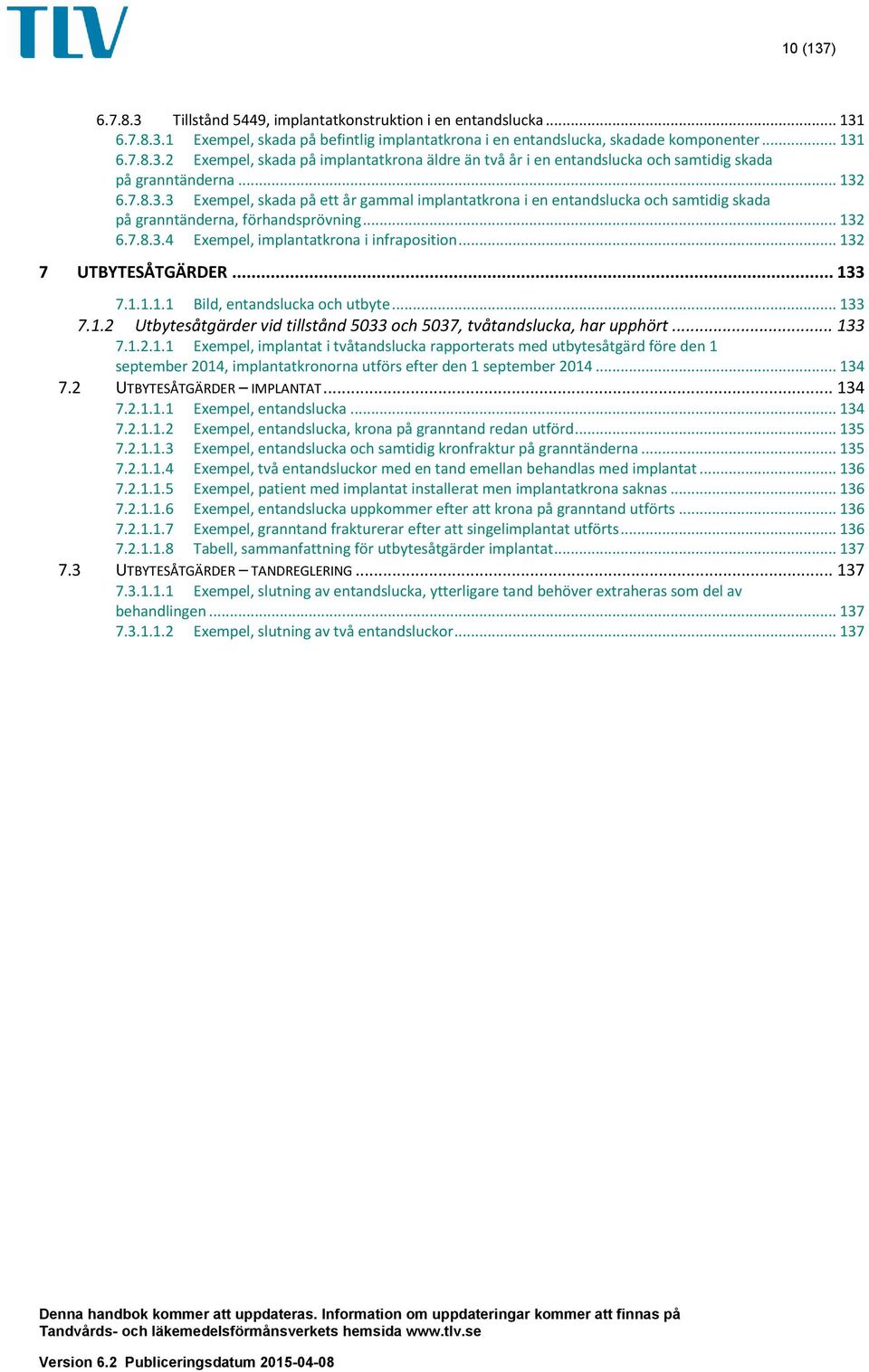.. 132 7 UTBYTESÅTGÄRDER... 133 7.1.1.1.1 Bild, entandslucka och utbyte... 133 7.1.2 Utbytesåtgärder vid tillstånd 5033 och 5037, tvåtandslucka, har upphört... 133 7.1.2.1.1 Exempel, implantat i tvåtandslucka rapporterats med utbytesåtgärd före den 1 september 2014, implantatkronorna utförs efter den 1 september 2014.