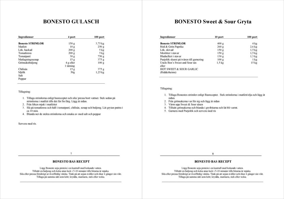 1,5 kg Morötter i stavar 150 g 1,5 kg Bladselleri i stavar 130 g 1,3 kg Purjolök skuret på tvären till garnering 100 g 1 kg Uncle Ben s Sweet and Sour sås eller HOT SWEET & SOUR GARLIC (Ridderheims)