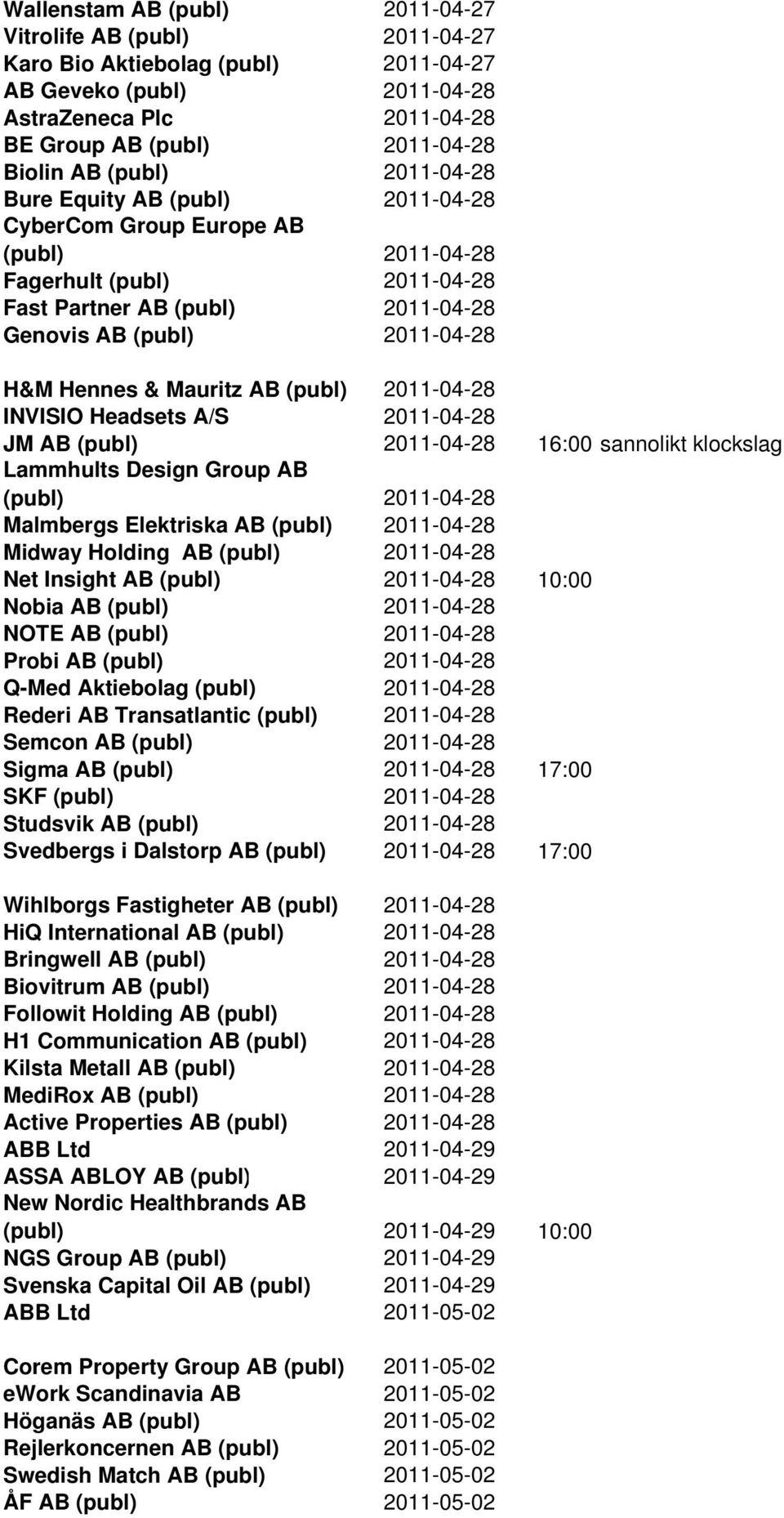 Mauritz AB (publ) 2011-04-28 INVISIO Headsets A/S 2011-04-28 JM AB (publ) 2011-04-28 16:00 sannolikt klockslag Lammhults Design Group AB (publ) 2011-04-28 Malmbergs Elektriska AB (publ) 2011-04-28