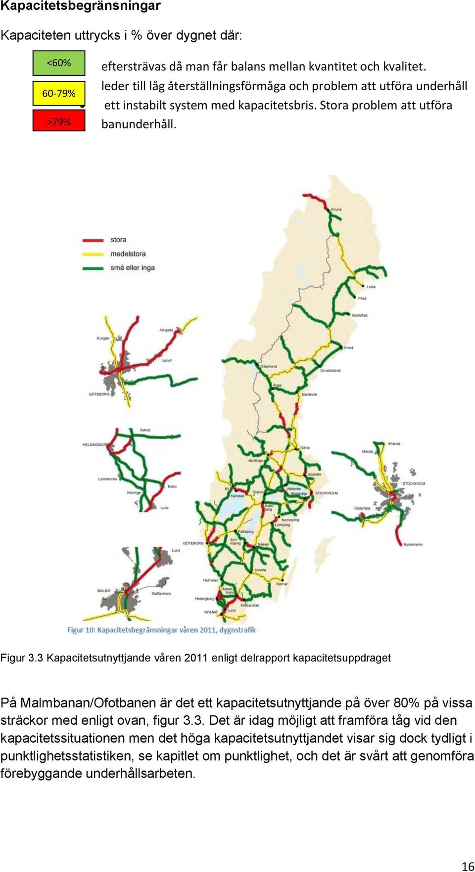 3 Kapacitetsutnyttjande våren 2011 enligt delrapport kapacitetsuppdraget På Malmbanan/Ofotbanen är det ett kapacitetsutnyttjande på över 80% på vissa sträckor med enligt ovan, figur 3.