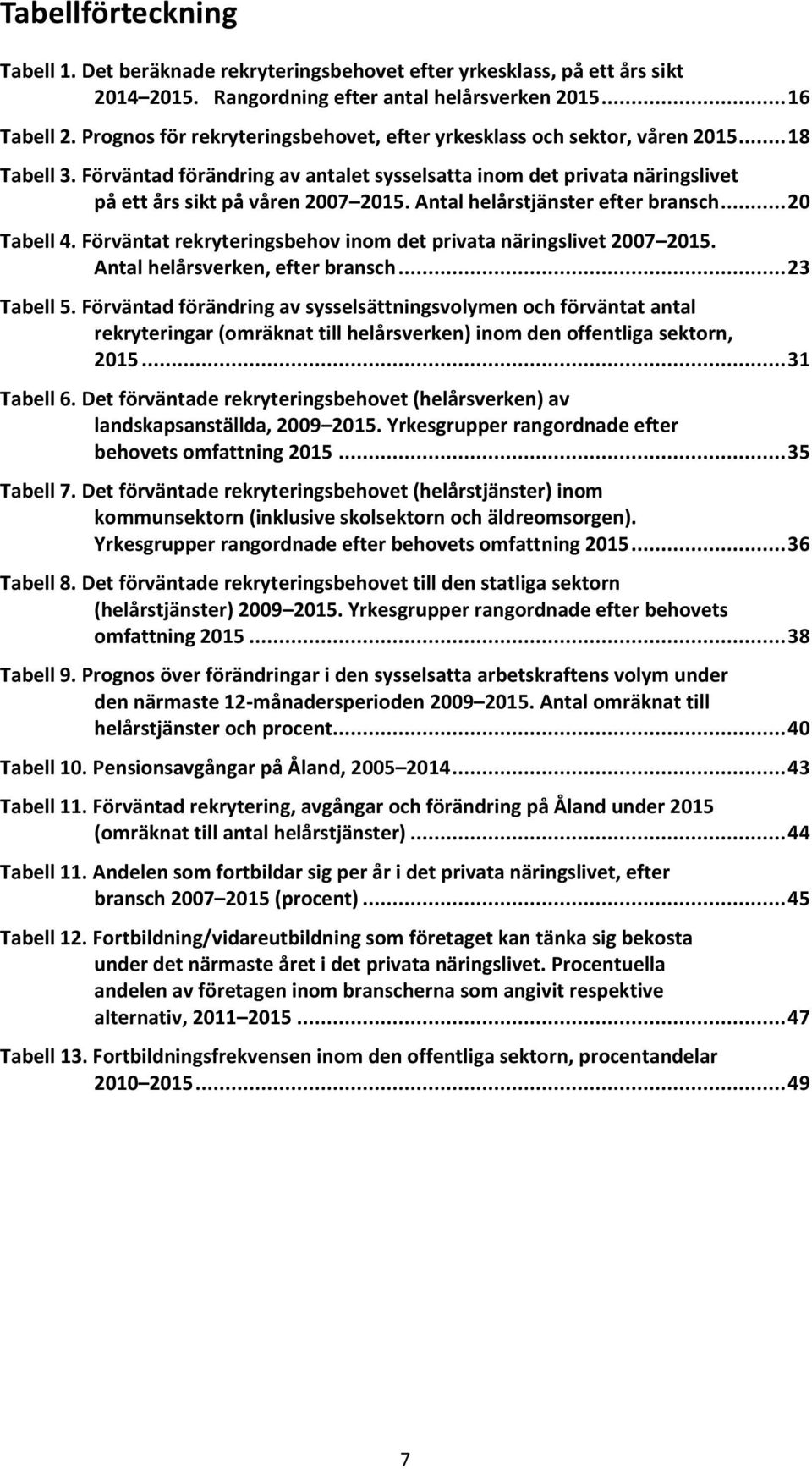 Antal helårstjänster efter bransch... 20 Tabell 4. Förväntat rekryteringsbehov inom det privata näringslivet 2007 2015. Antal helårsverken, efter bransch... 23 Tabell 5.