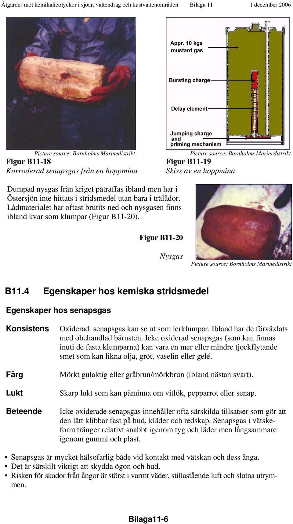 4 Egenskaper hos kemiska stridsmedel Egenskaper hos senapsgas Konsistens Färg Lukt Beteende Oxiderad senapsgas kan se ut som lerklumpar. Ibland har de förväxlats med obehandlad bärnsten.