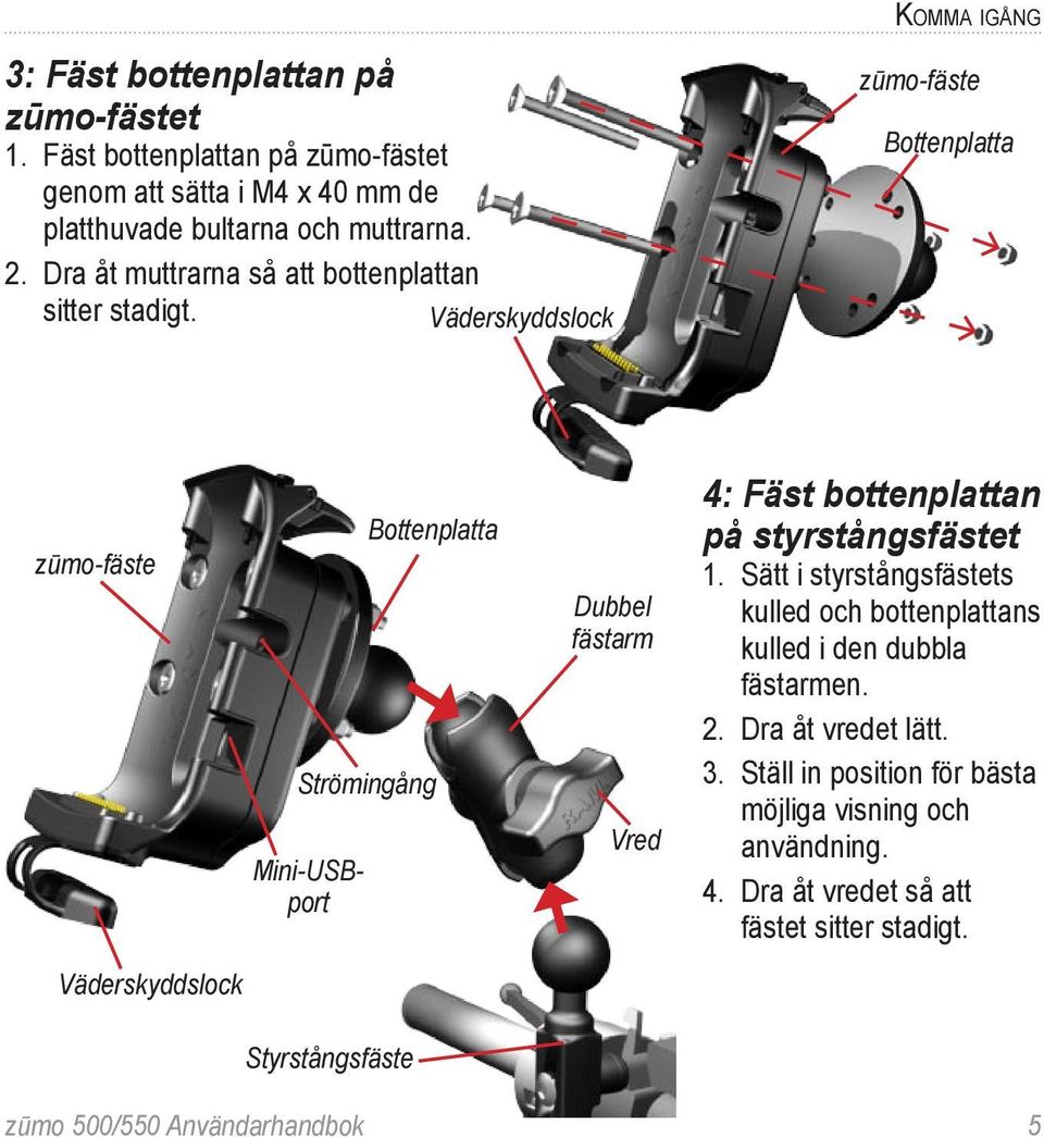 Väderskyddslock Komma igång zūmo-fäste Bottenplatta zūmo-fäste Bottenplatta Strömingång Mini-USBport Dubbel fästarm Vred 4: Fäst bottenplattan på