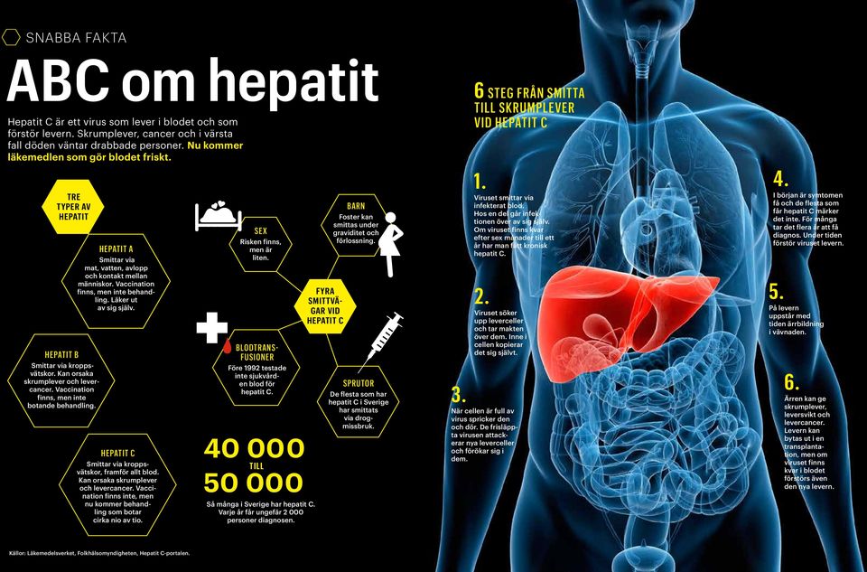 HEPATIT A Smittar via mat, vatten, avlopp och kontakt mellan människor. Vaccination finns, men inte behandling. Läker ut av sig själv. HEPATIT C Smittar via kroppsvätskor, framför allt blod.