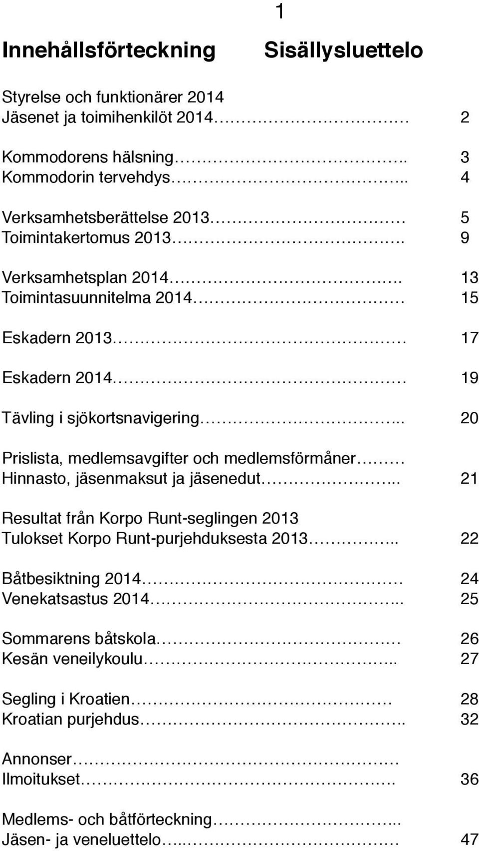 . 20 Prislista, medlemsavgifter och medlemsförmåner Hinnasto, jäsenmaksut ja jäsenedut.. 21 Resultat från Korpo Runt-seglingen 2013 Tulokset Korpo Runt-purjehduksesta 2013.