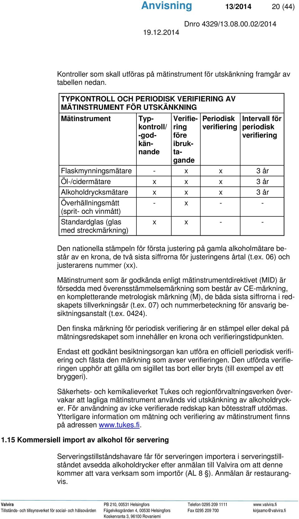 Flaskmynningsmätare - x x 3 år Öl-/cidermätare x x x 3 år Alkoholdrycksmätare x x x 3 år Överhällningsmått (sprit- och vinmått) Standardglas (glas med streckmärkning) - x - - x x - - Den nationella