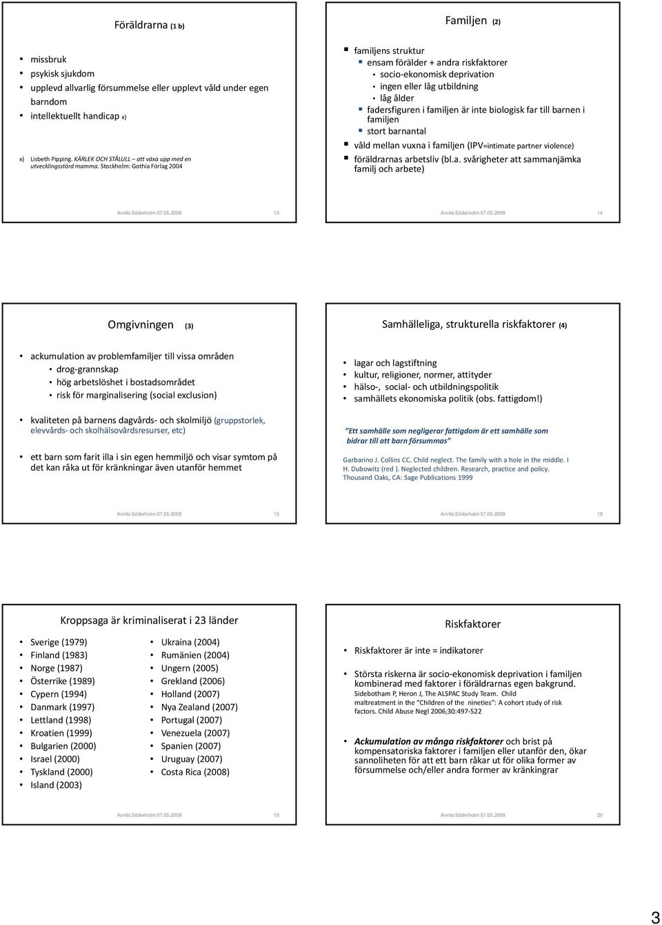 Stockholm: Gothia Förlag 2004 Familjen (2) familjens struktur ensam förälder + andra riskfaktorer socio ekonomisk deprivation ingen eller låg utbildning låg ålder fadersfiguren i familjen är inte