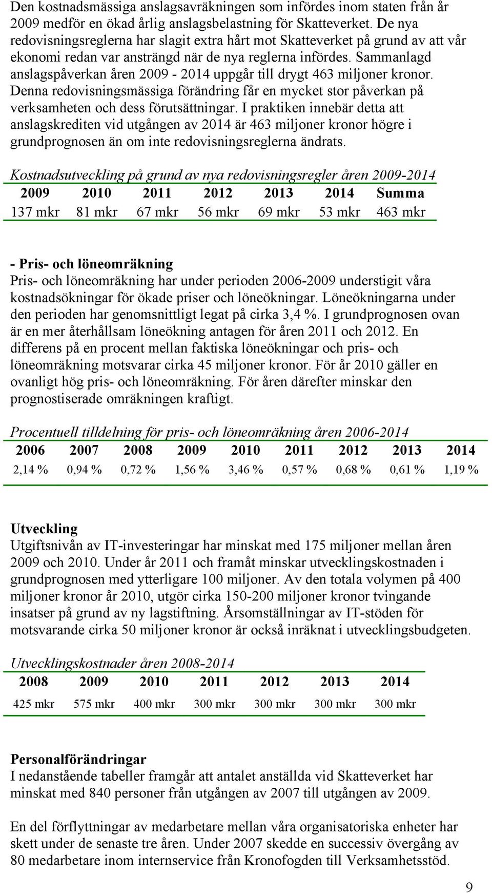 Sammanlagd anslagspåverkan åren 2009-2014 uppgår till drygt 463 miljoner kronor. Denna redovisningsmässiga förändring får en mycket stor påverkan på verksamheten och dess förutsättningar.