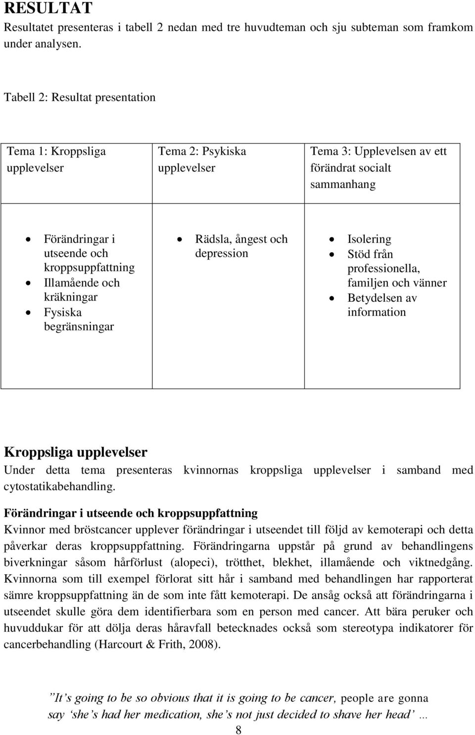 Illamående och kräkningar Fysiska begränsningar Rädsla, ångest och depression Isolering Stöd från professionella, familjen och vänner Betydelsen av information Kroppsliga upplevelser Under detta tema